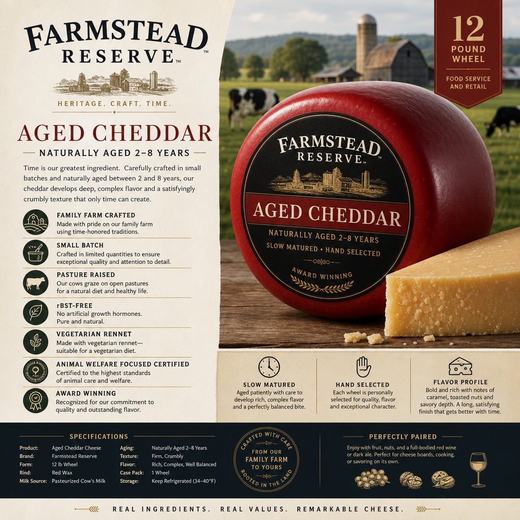 Farmstead Reserve Aged Cheddar Red Wax Wheel sell sheet